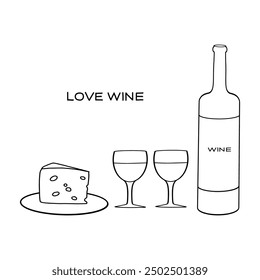 A simple line drawing of wine, glasses, and cheese on a plate celebrating wine appreciation