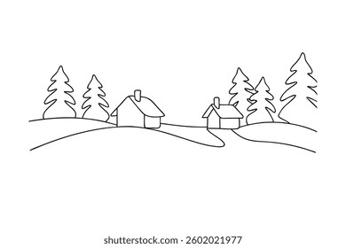 Simple line drawing of a winter scene. Two small houses sit on a snow-covered hill, surrounded by evergreen trees. Minimalist, peaceful, and charming.