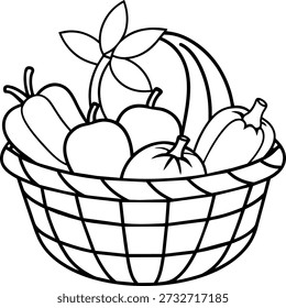 A simple line drawing of a wire basket filled with various types of pumpkins and squash. The basket is made of thin black lines and has a handle with a leafy vine attached to it. The pumpkins and squash are also drawn in black lines and vary in shape and size. The background is plain white, making the image easy to use as a graphic or icon.