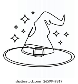 Um simples desenho em linha de um chapéu de bruxa adornado com estrelas cintilantes.