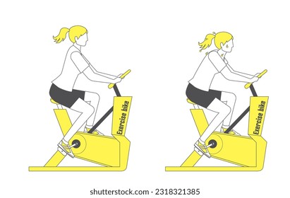 simple line drawing of a woman exercising on an exercise bike, a two-color illustration set. Health, Diet, Beauty.