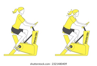 simple line drawing of a woman exercising on an exercise bike, a two-color illustration set. Health, Diet, Beauty.