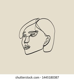 Simple line drawing woman portrait. Beauty glamour logo of a model. Female emblem in trendy style. Sketch illustration with avatar young lady. Graphic vector design. Fashion concept. 