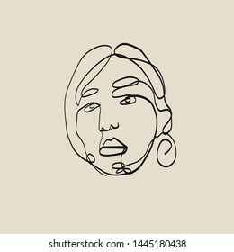 Simple line drawing woman portrait. Beauty glamour logo of a model. Female emblem in trendy style. Sketch illustration with avatar young lady. Graphic vector design. Fashion concept. 