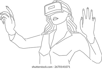 Desenho de linha simples de uma mulher usando fone de ouvido VR	