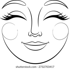 A simple line drawing of a woman's face with her eyes closed, wearing a facial mask on her cheeks. The illustration is minimalist, focusing on the contours of her face and the serene expression.
