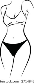 Un dibujo de línea simple del torso y los muslos de una mujer que lleva una tanga negra y un sujetador en un fondo blanco puro, ilustración minimalista