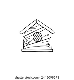 Simple line drawing of a wooden bird house. Hand drawn, isolated on a white background.
