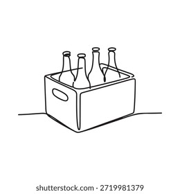 Um simples desenho de linha de uma caixa de madeira segurando várias garrafas de vidro