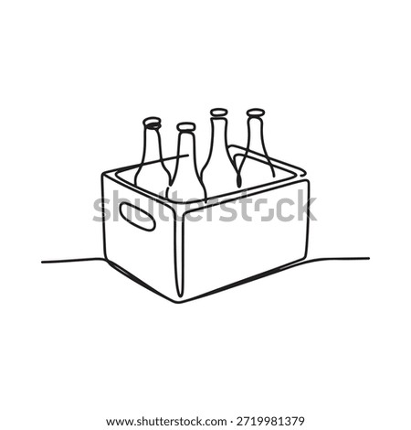 A simple line drawing of a wooden crate holding several glass bottles