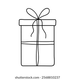 Simple line drawing of a wrapped gift box with ribbon detail