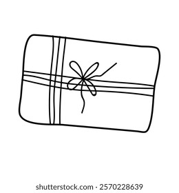 Simple line drawing of a wrapped gift with a bow and ribbon