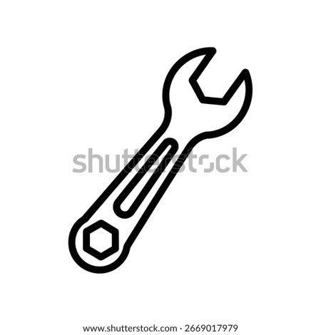 A simple line drawing of a wrench, commonly used for repair and maintenance. It is a versatile tool for tightening bolts and nuts in various mechanical applications.