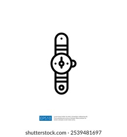 A simple line drawing of a wristwatch, featuring a round face and a strap, representing timekeeping and style.