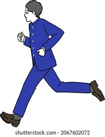 A simple line drawing of a young Asian boy running in school uniform on a white background
