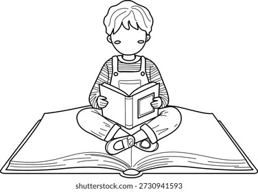 Eine einfache Linienzeichnung eines kleinen Jungen, der Overalls und gestreiftes Hemd trägt und ein offenes Buch liest, während er auf einem anderen offenen Buch sitzt.