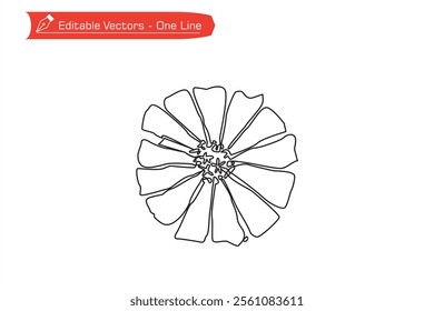 Simple line drawing of zinnia flower. Continuous one line drawing vector illustration of elegant zinnia flower for icon, symbol, logo. Single line zinnia flower for greeting card, printing, embroidery