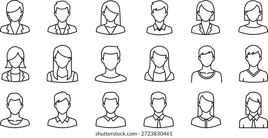 Simple line drawings of 20 people, including different hairstyles, facial features, and expressions. Each person has a unique look in a uniform style.