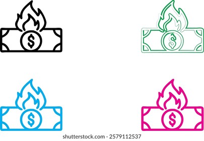 Simple line drawings, burning money symbols, dollar bills on fire, stylized flame icons, currency destruction concept, minimalist financial illustrations, colorful outlined cash graphics, economic cri