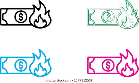 Simple line drawings, burning money symbols, dollar bills on fire, stylized flame icons, currency destruction concept, minimalist financial illustrations, colorful outlined cash graphics, economic cri