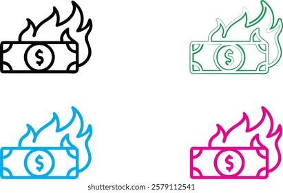 Simple line drawings, burning money symbols, dollar bills on fire, stylized flame icons, currency destruction concept, minimalist financial illustrations, colorful outlined cash graphics, economic cri