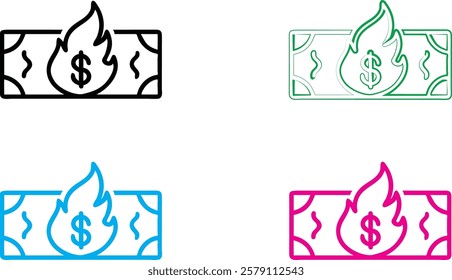 Simple line drawings, burning money symbols, dollar bills on fire, stylized flame icons, currency destruction concept, minimalist financial illustrations, colorful outlined cash graphics, economic cri