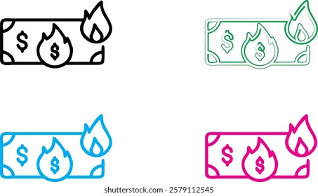 Simple line drawings, burning money symbols, dollar bills on fire, stylized flame icons, currency destruction concept, minimalist financial illustrations, colorful outlined cash graphics, economic cri