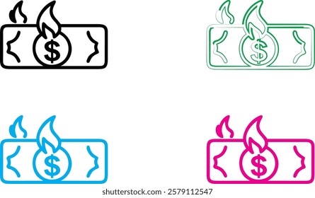 Simple line drawings, burning money symbols, dollar bills on fire, stylized flame icons, currency destruction concept, minimalist financial illustrations, colorful outlined cash graphics, economic cri