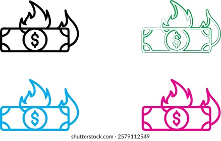 Simple line drawings, burning money symbols, dollar bills on fire, stylized flame icons, currency destruction concept, minimalist financial illustrations, colorful outlined cash graphics, economic cri