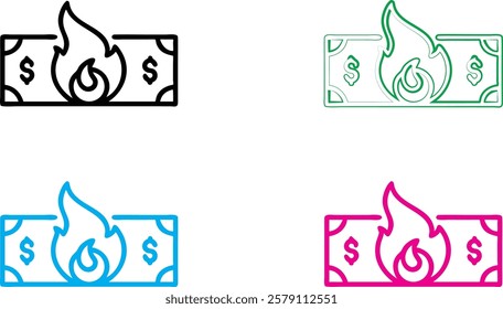 Simple line drawings, burning money symbols, dollar bills on fire, stylized flame icons, currency destruction concept, minimalist financial illustrations, colorful outlined cash graphics, economic cri