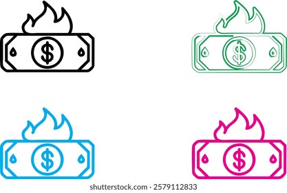 Simple line drawings, burning money symbols, dollar bills on fire, stylized flame icons, currency destruction concept, minimalist financial illustrations, colorful outlined cash graphics, economic cri