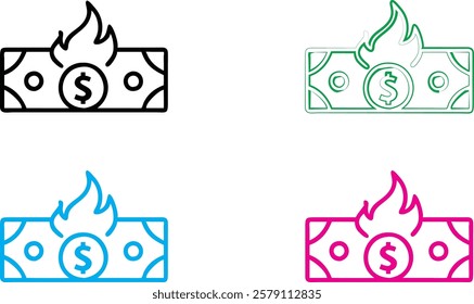 Simple line drawings, burning money symbols, dollar bills on fire, stylized flame icons, currency destruction concept, minimalist financial illustrations, colorful outlined cash graphics, economic cri