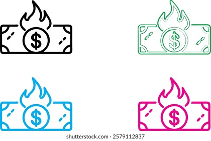 Simple line drawings, burning money symbols, dollar bills on fire, stylized flame icons, currency destruction concept, minimalist financial illustrations, colorful outlined cash graphics, economic cri