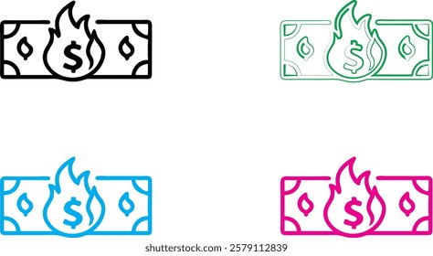 Simple line drawings, burning money symbols, dollar bills on fire, stylized flame icons, currency destruction concept, minimalist financial illustrations, colorful outlined cash graphics, economic cri