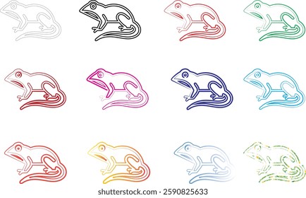 Simple line drawings, colorful frog outlines, minimalist amphibian sketches, heart-shaped heads, stylized animal illustrations, repeating pattern, grid layout, pastel colors, childlike doodles, cute c