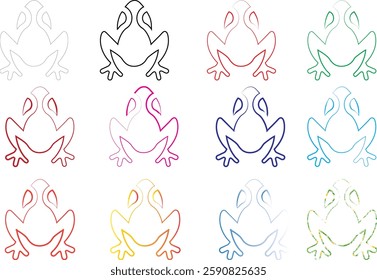 Simple line drawings, colorful frog outlines, minimalist amphibian sketches, heart-shaped heads, stylized animal illustrations, repeating pattern, grid layout, pastel colors, childlike doodles, cute c