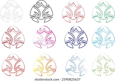 Simple line drawings, colorful frog outlines, minimalist amphibian sketches, heart-shaped heads, stylized animal illustrations, repeating pattern, grid layout, pastel colors, childlike doodles, cute c