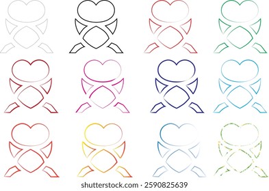 Simple line drawings, colorful frog outlines, minimalist amphibian sketches, heart-shaped heads, stylized animal illustrations, repeating pattern, grid layout, pastel colors, childlike doodles, cute c