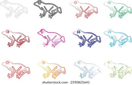 Simple line drawings, colorful frog outlines, minimalist amphibian sketches, heart-shaped heads, stylized animal illustrations, repeating pattern, grid layout, pastel colors, childlike doodles, cute c