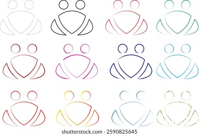 Simple line drawings, colorful frog outlines, minimalist amphibian sketches, heart-shaped heads, stylized animal illustrations, repeating pattern, grid layout, pastel colors, childlike doodles, cute c