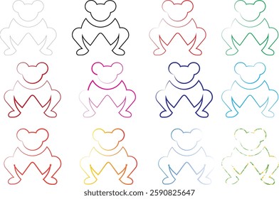 Simple line drawings, colorful frog outlines, minimalist amphibian sketches, heart-shaped heads, stylized animal illustrations, repeating pattern, grid layout, pastel colors, childlike doodles, cute c