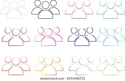 Simple line drawings, colorful stick figures, group icons, minimalist people symbols, social network graphics, diverse team illustrations, community representation, organizational chart elements, abst