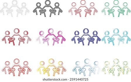 Simple line drawings, colorful stick figures, group icons, minimalist people symbols, social network graphics, diverse team illustrations, community representation, organizational chart elements, abst