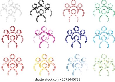 Simple line drawings, colorful stick figures, group icons, minimalist people symbols, social network graphics, diverse team illustrations, community representation, organizational chart elements, abst