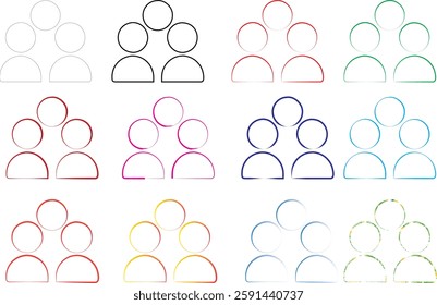 Simple line drawings, colorful stick figures, group icons, minimalist people symbols, social network graphics, diverse team illustrations, community representation, organizational chart elements, abst