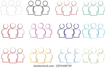 Simple line drawings, colorful stick figures, group icons, minimalist people symbols, social network graphics, diverse team illustrations, community representation, organizational chart elements, abst