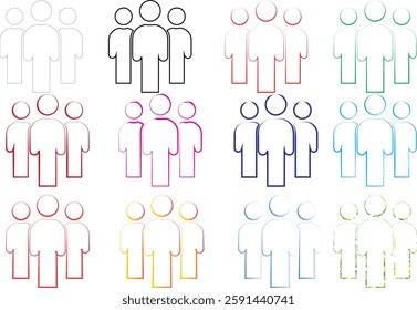 Simple line drawings, colorful stick figures, group icons, minimalist people symbols, social network graphics, diverse team illustrations, community representation, organizational chart elements, abst