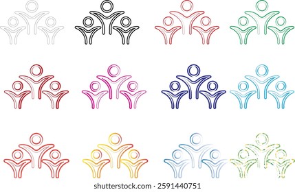 Simple line drawings, colorful stick figures, group icons, minimalist people symbols, social network graphics, diverse team illustrations, community representation, organizational chart elements, abst