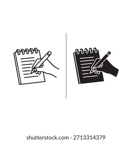 Einfache Strichzeichnungen, die ein Notebook mit einem Stift und ein Notebook mit einem Stift vergleichen und so den Unterschied bei Schreibwerkzeugen hervorheben.