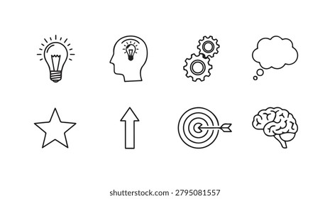 Simple line drawings convey ideas like brainpower goals and growth. Ideal for business presentations marketing materials and conceptual design.